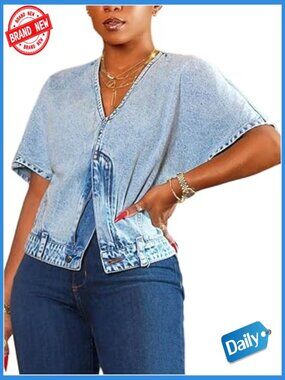 V Neck Short Sleeve Denim Jean Blouse with Split Zipper Front, Women's Top